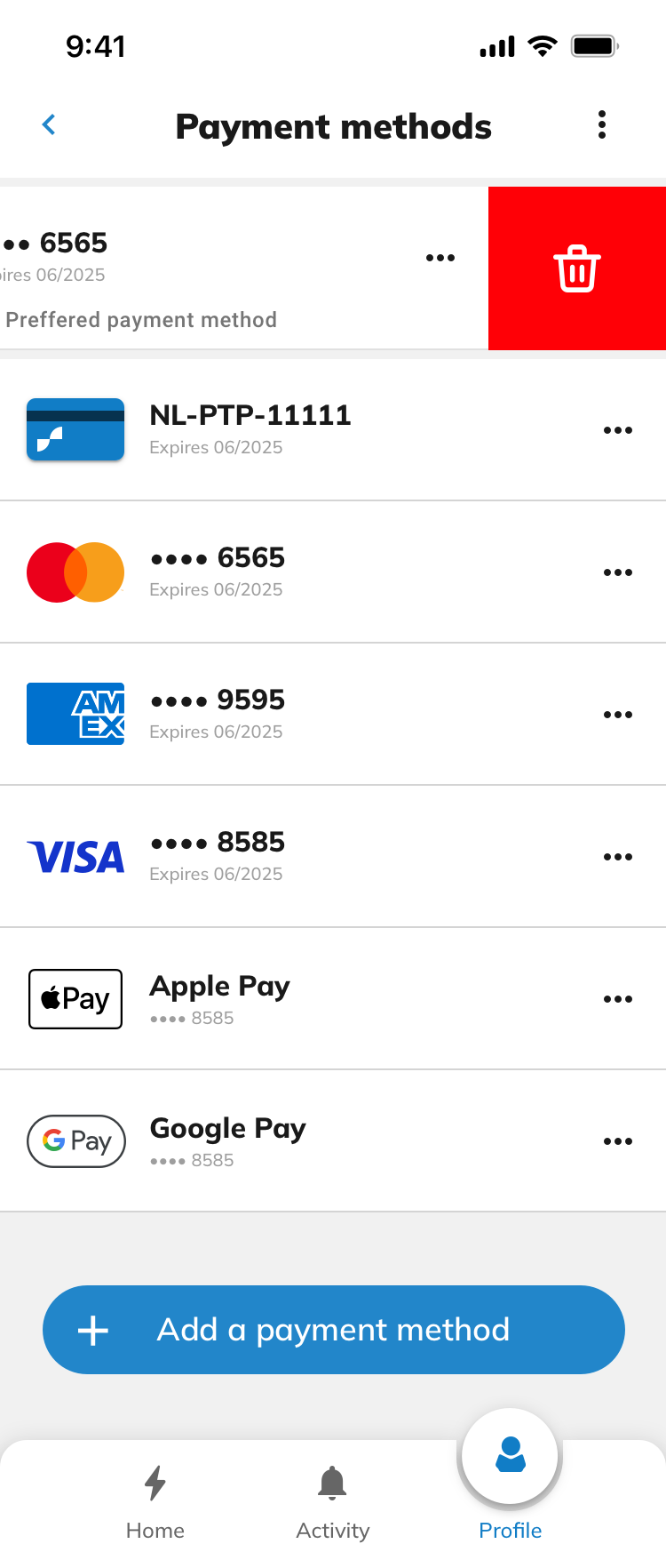 All payment methods with swipe to delete